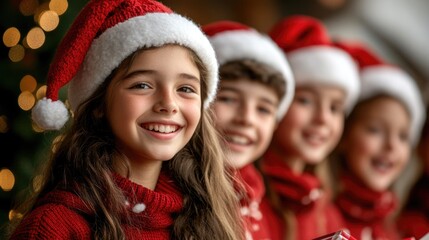 Teenagers in Santa hats joyfully sing traditional carols in a bustling city on Christmas Eve