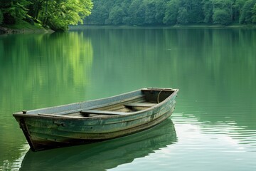 Obraz premium A small boat floats on the calm surface of a lake, perfect for a serene and peaceful atmosphere