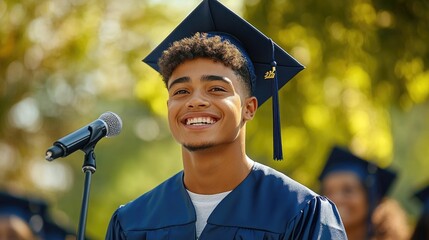 A valedictorian enthusiastically speaks to fellow graduates during the ceremony