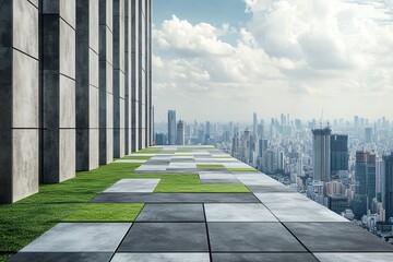 Fototapeta premium Modern rooftop terrace with grass patches and stunning cityscape view under a partly cloudy sky, urban escape above the bustling metropolis.
