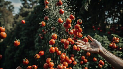 Hand throwing tomatoes at La Tomatina festival, bright red tomatoes floating in the air,