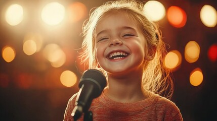 A young girl smiles brightly while singing with a microphone at a talent show event