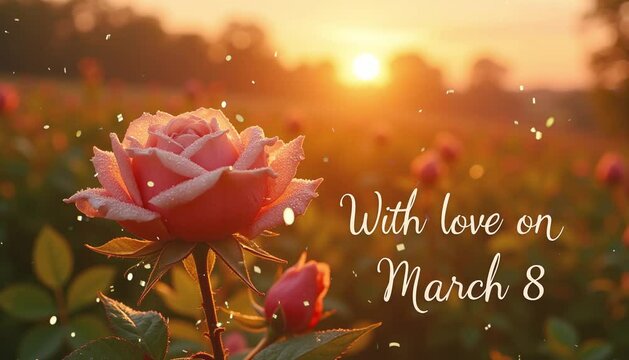 Dew-Kissed Roses at Sunrise and  bokeh.  "With Love on March 8" Handwritten Text