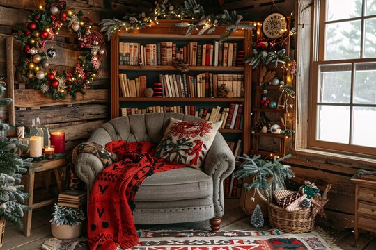 A rustic cabin nook is adorned with festive decorations, including a bookshelf filled with books. A comfy chair with a colorful blanket invites relaxation while snow falls outside the window