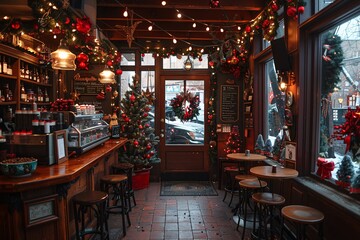 The cafe features wooden tables and warm lights, filled with holiday decorations, a Christmas tree, and festive plants. A cozy atmosphere invites guests to enjoy seasonal drinks and treats