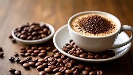Naklejka premium Coffee beans and a cup of coffee a perfect blend
