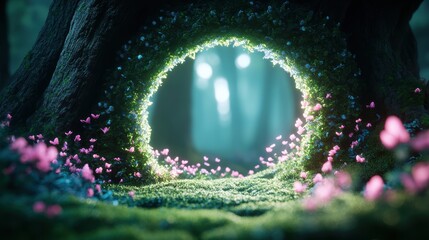 A mystical portal opens to reveal a hidden realm filled with fantastical creatures and shimmering flora.