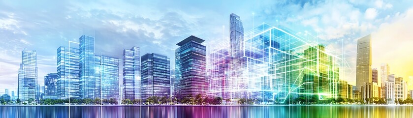 Obraz premium Stunning futuristic cityscape with vibrant colors and digital elements reflecting on water. Modern architecture and innovative urban design.