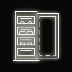 White glowing neon line refrigerator with open door icon isolated on black background. Fridge for food and drinks. Vector