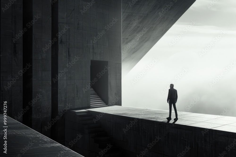 Poster a person standing at the edge of a building with an open view