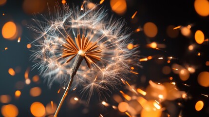 Fototapeta premium A close up view of a firework exploding, revealing a complex network of swirling sparks in shades of gold, silver, and crimson.
