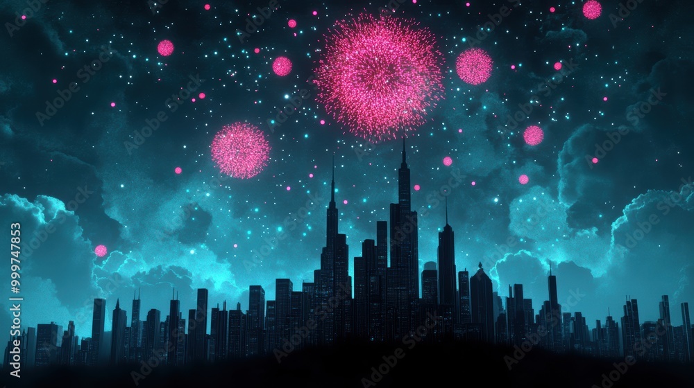 Poster a panoramic view of a city illuminated by a fireworks display, showcasing the intricate details of t
