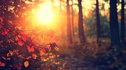 A serene forest scene at sunset, highlighting vibrant autumn leaves and warm sunlight.