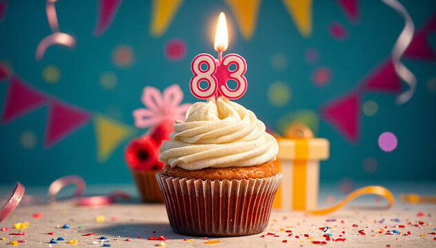 Birthday cupcake with burning lit candle with number 83. Number eighty-three for eighty-three years or eighty-third anniversary.