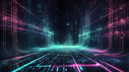 Abstract digital background with glowing lines and particles.
