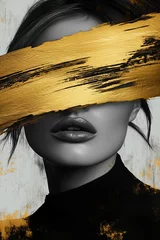 Wanddecoratie Zwart goud black white fashion portrait of an elegant woman with her eyes covered by a large brushstroke in a golden paint, luxury and sophistication. This design embodies high-fashion aesthetics  © ALL YOU NEED studio