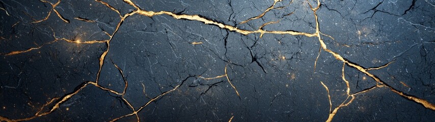 Obraz premium Abstract black marble with golden veins, inspired by Japanese kintsugi, featuring a painted artificial stone texture, rich marbled surface, vibrant digital illustration.