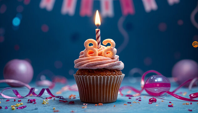 Birthday cupcake with burning lit candle with number 83. Number eighty-three for eighty-three years or eighty-third anniversary.
