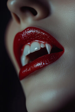Close-up of a woman's mouth, with vampire fangs, red lipstick, and soft lighting. dark background, Halloween