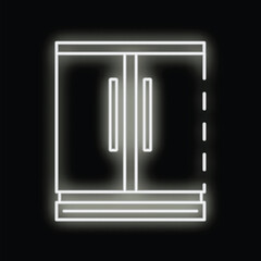White neon icon of a refrigerator glowing on a black background
