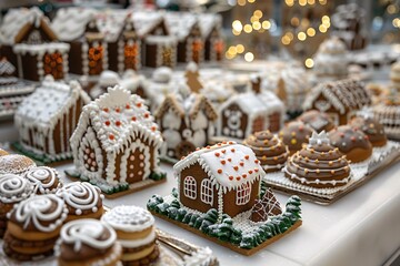 A vibrant array of intricately decorated gingerbread houses and sweets showcased at a holiday market. Visitors admire the festive designs and enjoy the delightful atmosphere filled with cheer