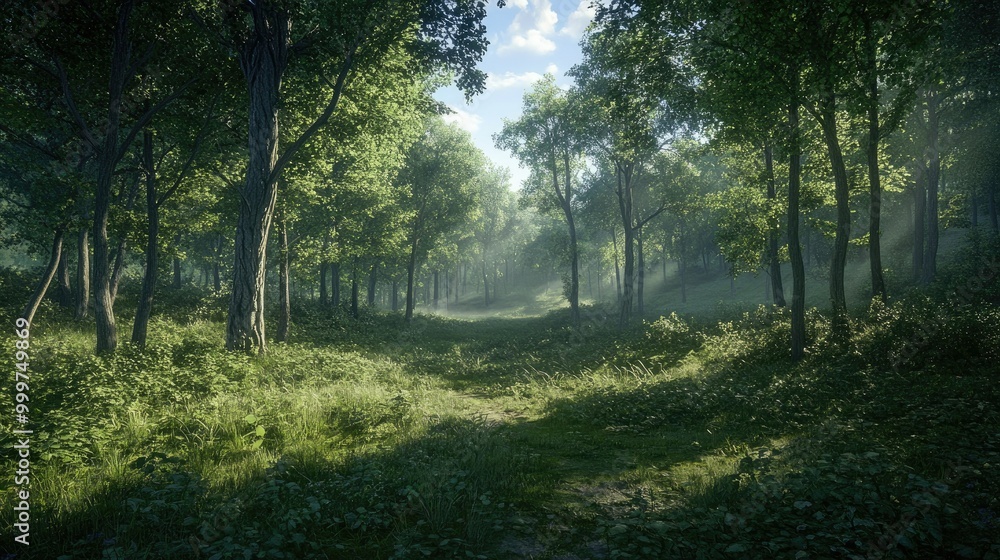 Poster a serene forest scene with lush greenery and soft sunlight filtering through the trees.