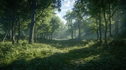 Obraz premium A serene forest scene with lush greenery and soft sunlight filtering through the trees.