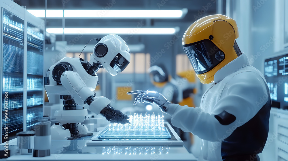 Poster a 3d rendering of a scientist and a robot working together in a cleanroom environment, focusing on t
