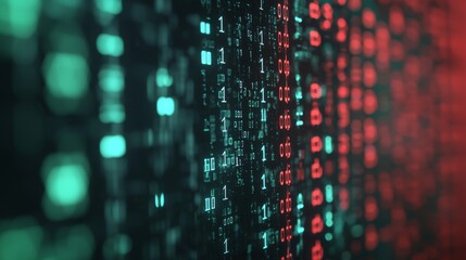 Abstract Technology Background, a vibrant 3D render featuring red and green digital binary code, representing big data concepts in a striking and immersive design.