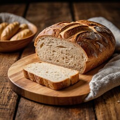 Tasty cut bread displayed on a wooden cutting board, complemented by wheat ears, emphasizing a cozy kitchen vibe.