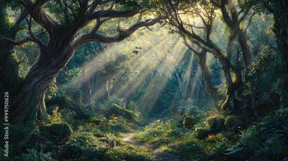 Poster a serene forest scene with sunlight filtering through trees, creating a peaceful atmosphere.