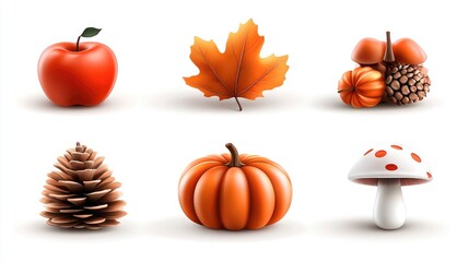 A colorful collection of autumn symbols featuring leaves, apples, and pumpkins against a bright white backdrop celebrating the fall season
