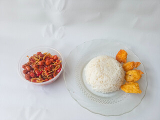 Fried tofu side dish rice isolate on white. balado anchovies and peanuts