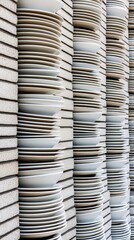 This setting features a visually appealing arrangement of clean plates and bowls stacked on each other against a white brick background, showcasing a modern kitchen aesthetic
