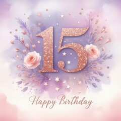 Glittering 15th birthday design with roses and stars in pastel hues.