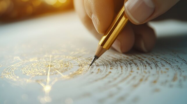 Astrologer sketching detailed natal chart, focused close-up, minimalist environment, emphasizing the artistry of astrological interpretation and personal insight