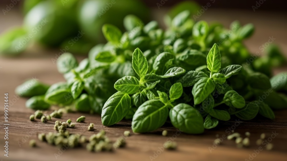 Wall mural  Freshly harvested basil leaves ready to add flavor to your dishes