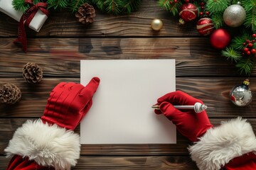 Santa Claus in red gloves writing a letter on a wooden table. Copy space