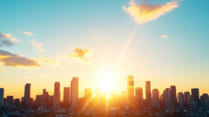 Fototapeta premium A panoramic view of a city skyline bathed in the warm, golden glow of a setting sun.