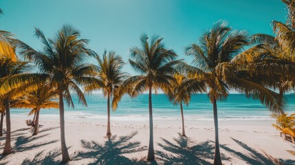 A serene beach scene with palm trees and calm ocean waves under a clear blue sky.
