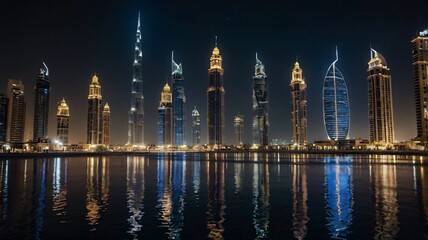 Fototapeta premium A nighttime view of Dubai’s skyscrapers illuminated by bright lights, with the city's 