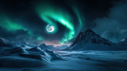 Fototapeta premium A dramatic depiction of the aurora borealis illuminating a glacier, creating a sense of awe and wonder.