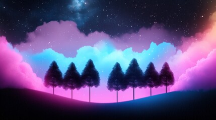 Fototapeta premium A whimsical illustration of a magical forest with a vibrant, rainbow colored sky and luminescent trees.