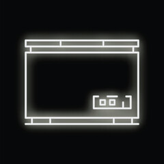 White neon sign showing a projector screen with a control panel on a black background