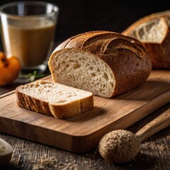 Tasty cut bread displayed on a wooden cutting board, complemented by wheat ears, emphasizing a cozy kitchen vibe.