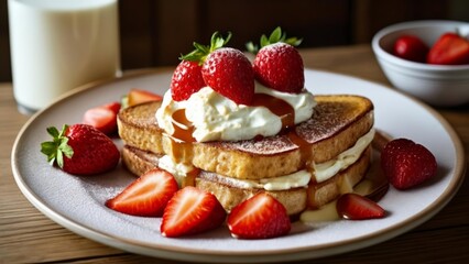 Deliciously stacked French toast with fresh strawberries and whipped cream