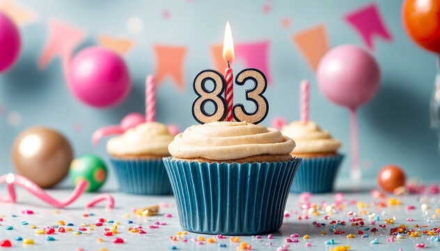 Birthday cupcake with burning lit candle with number 83. Number eighty-three for eighty-three years or eighty-third anniversary.