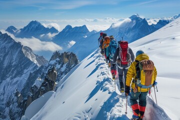 A group of people hike up a snowy mountain, enjoying the winter scenery and each other's company
