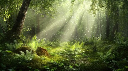 Fototapeta premium A serene forest scene illuminated by sunlight, showcasing lush greenery and tranquil ambiance.