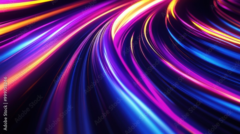 Poster Abstract background with colorful neon light trails moving quickly in curved lines, creating a speed effect. The glowing colors are purple, blue, and yellow.